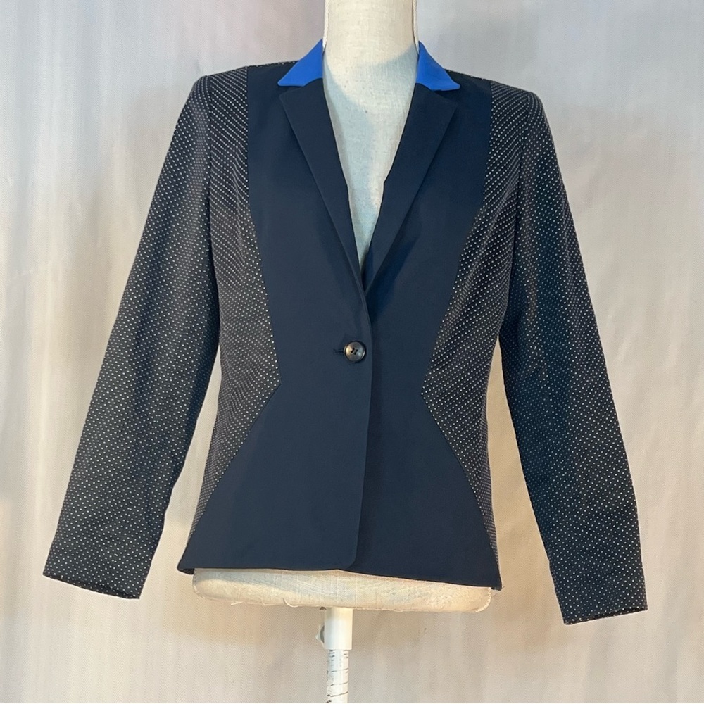 Lafayette 148 Blazer Navy White Polk a Dots Fitted One Button Closure EUC 4👍